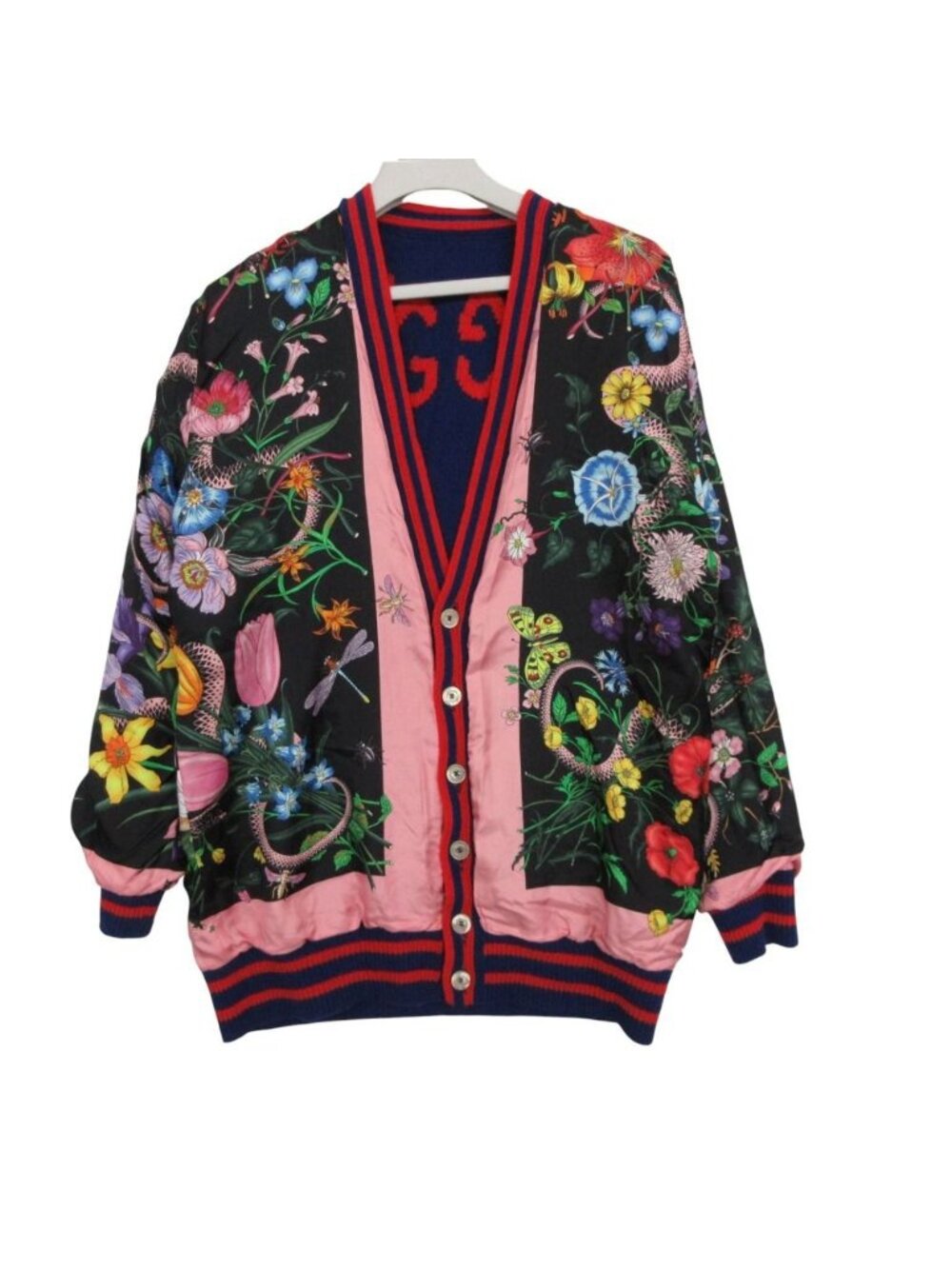 Gucci Cardigan Long Sleeve Neck Knit Jacket GG Pattern Floral Wool Silk